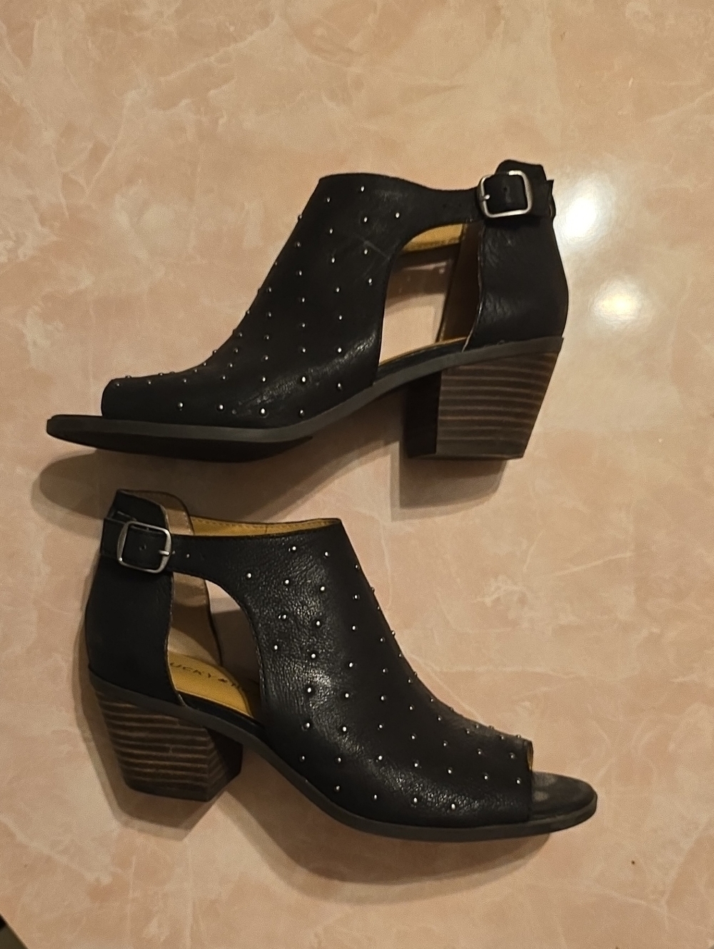 Lucky Brand Black Studded Open-Toe Leather Mule Booties